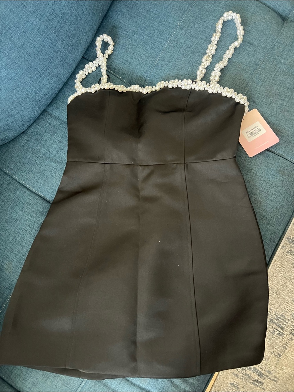 Hello Molly Black Mini Dress with Pearl Straps